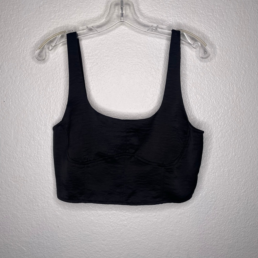House of Harlow 1960 Black Satin Smocked Back Bustier Crop Top Women Large